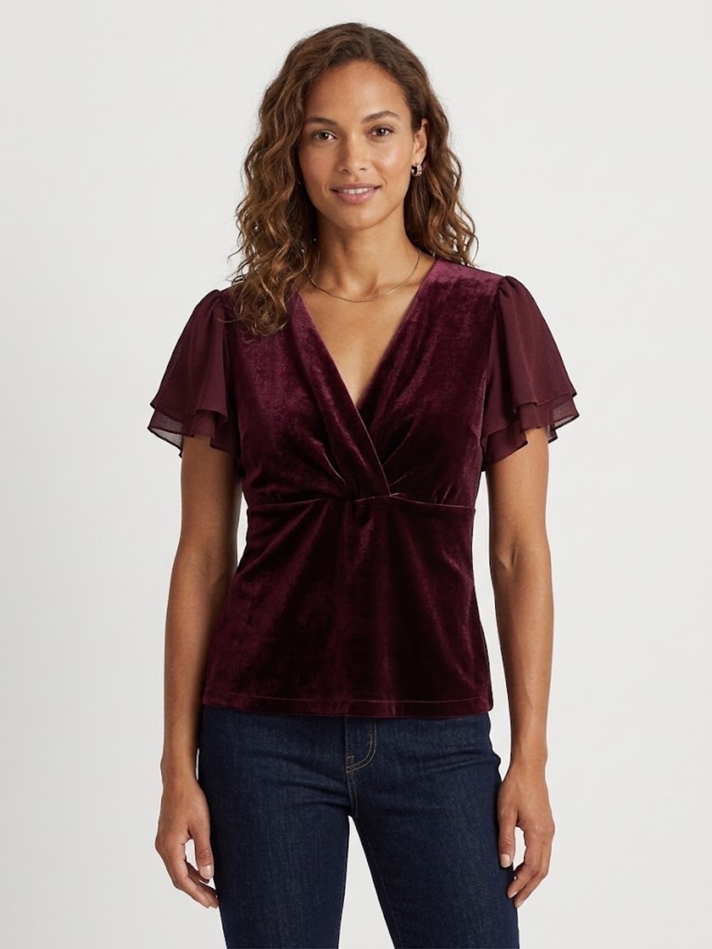 LAUREN Ralph Lauren Burgundy Velvet V-Neck Top Chiffon Flutter Sleeves Size M